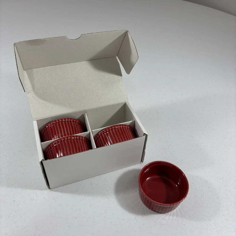 Apilco France Ramekins Soufflé Custard Cups Ribbed Red Porcelain Set of 4 Boxed